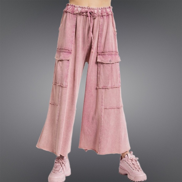 EASEL “Feeling Good Cargos” Mineral Washed Flared Leg, Raw Seams & Hems, Pockets - Picture 12 of 16